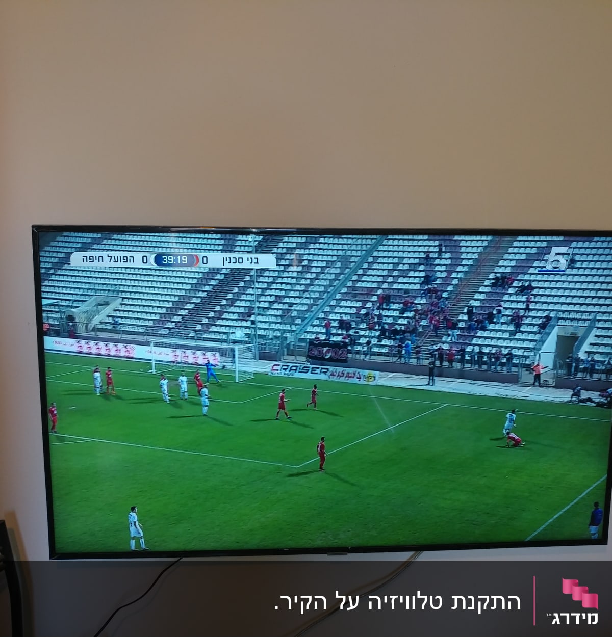 טלוויזיה תלויה על הקיר עם כבלים חשופים